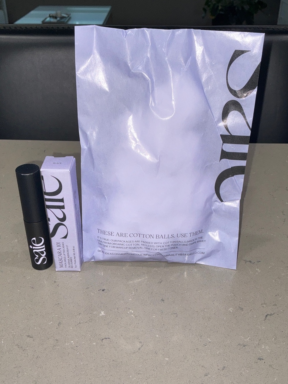 Saie Lavender Mascara Set - Sate Soft Black Mascara with Cotton Balls, new